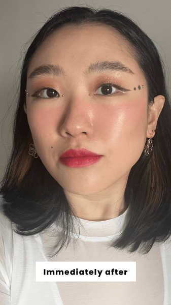 Han immediately after applying Peripera's Ink Velvet Lip Tint