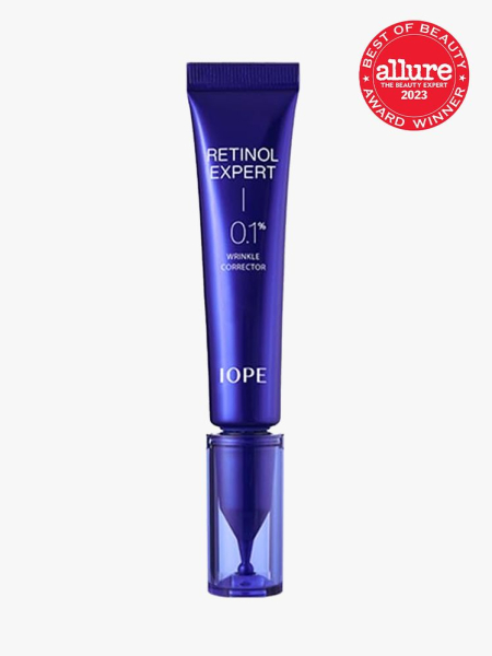 Iope Retinol Expert 0.1% in branded tube component with best of beauty 2023 seal in the top right corner